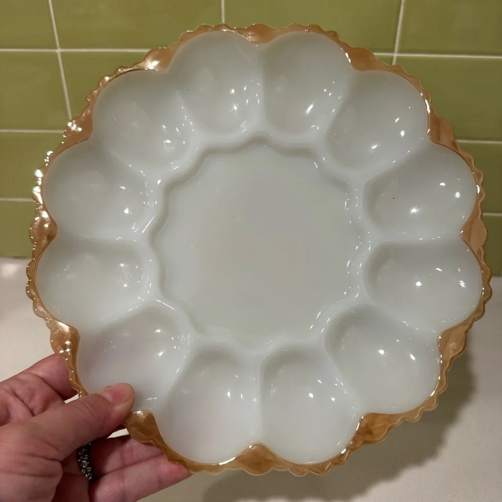 Anchor Hocking Fire-King Milk Glass Deviled Egg Serving Plate with Gold Trim - Picture 3 of 5